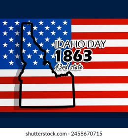 National Idaho Day event banner. Idaho map with American flag on dark blue background to commemorate on May 17th