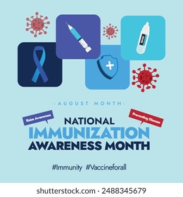 Mes Nacional de Concienciación sobre Inmunización. Agosto Anuncio de concienciación del mes de inmunización con iconos, pegatinas, de jeringuilla, botella de vacuna, escudo de protección, virus, cinta. El NIAM muestra importancia vacunal. 