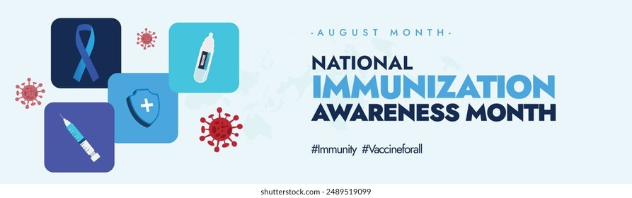 National Immunisation awareness Month. August Immunization month cover banner with icons, stickers,  of syringe, vaccine bottle, protection shield, virus, ribbon. NIAM shows vaccine importance.