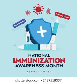 National Immunization awareness month. August celebrates immunization month banner with protection shield, syringes, virus icons, vaccine bottles. NIAM shows vaccine importance. 