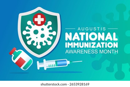 Mês Nacional de Sensibilização para a Imunização. August celebra o mês da imunização banner ou cartaz com escudo de proteção, seringas, garrafas de vacinas, ícones de vírus. Melhor para banners, cartazes e mídias sociais
