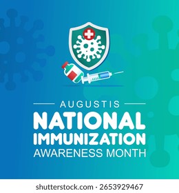 Mês Nacional de Sensibilização para a Imunização. August celebra o mês da imunização banner ou cartaz com escudo de proteção, seringas, garrafas de vacinas, ícones de vírus. Melhor para banners, cartazes e mídias sociais