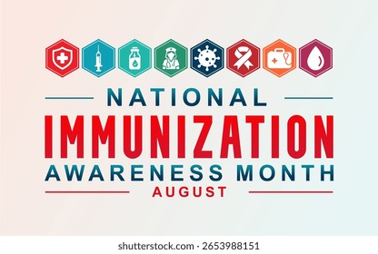 Nationaler Monat der Immunisierung. Der August feiert den Monat der Immunisierung mit einem Banner oder Poster mit Symbolen verschiedener medizinischer Geräte, Krankenschwestern und Bändern. Am besten für Banner, Karten, Poster