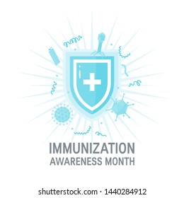 National Immunization Awareness Month Concept. Medical Shield Surrounded By Viruses And Bacterium. Vector Illustration On White Background.