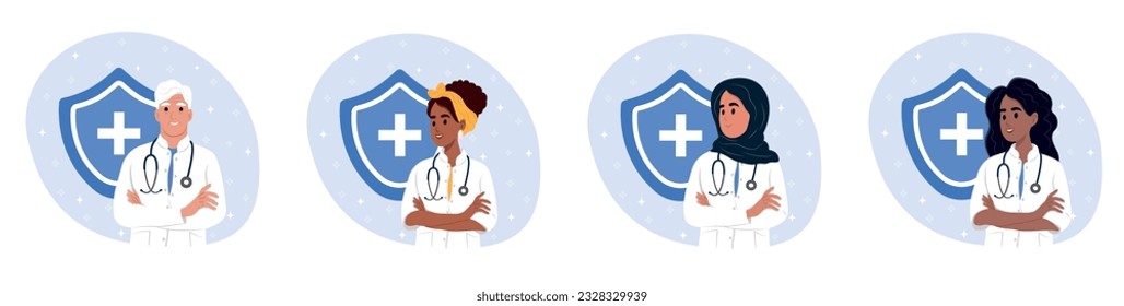 National Immunization Awareness Month. Set of different doctors. African American, Muslim, Native American, African, Elderly . Multi-ethnic medical workers of different nationalities.