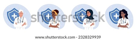 National Immunization Awareness Month. Set of different doctors. African American, Muslim, Native American, African, Elderly . Multi-ethnic medical workers of different nationalities. Foto stock © 