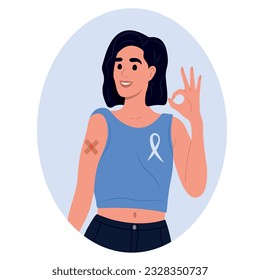 National Immunization Awareness Month. A vaccinated girl with a patch on her arm. Vector illustration.