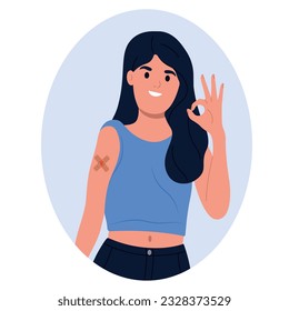 National Immunization Awareness Month. A vaccinated girl with a patch on her arm. Vector illustration.