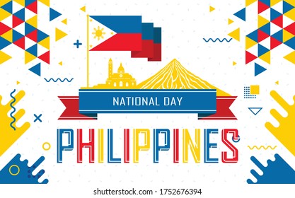 National independence day of Philippines banner. Abstract retro design with philippines flag colors & landmarks like mayon volcano & intramuros. White background