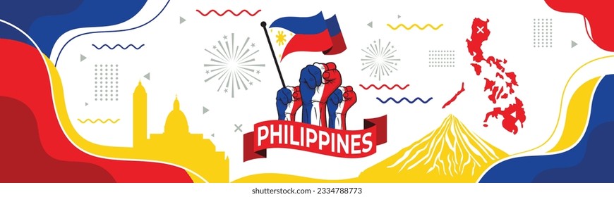 National independence day of Philippines banner. Abstract retro design with philippines flag colors  landmarks like mayon volcano  intramuros