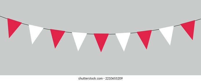 Día de la Independencia Nacional en Polonia, conglomerado de guirnaldas, blanco y rojo, cadena de banderas triangulares para fiesta al aire libre, imagen vectorial de estilo inclinado y retro