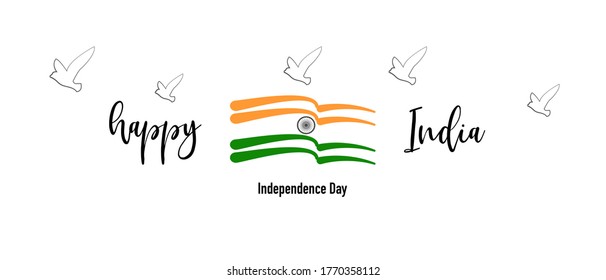 National Indian flag waving with pigeons. Celebration on Independence day 15th August in India concept. Minimalist style Flat vector illustration.