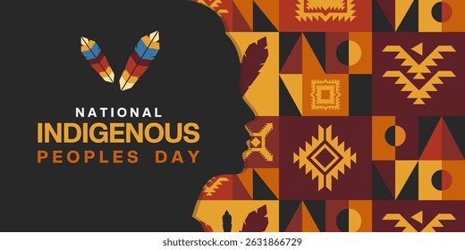 National Indigenous Peoples Day. Feathers, human and ornament. Suitable for posters, banners and social media. Black background.