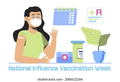 Banner der National Influenza Vaccination Week. Das Ereignis wird im Dezember beobachtet. Zeit, Grippe-Impfstoff-Illustrationen zu erhalten. CDC-Ressourcen, Impfnachrichten und Aktivitäten.