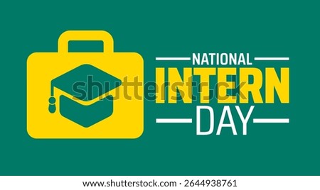 National Intern Day background or banner design. Bright Yellow Briefcase with Graduation Cap Icon on Green Background for Celebrating Internships and Career Growth.