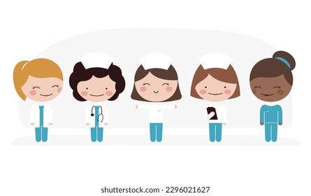 National and International nurses day.
Diversity of women nurses standing together happy and  smiling.  Cartoon vector illustration with flat background for posters, banners, cards and designs
