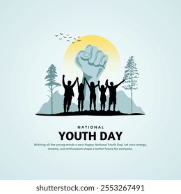 Día Nacional e Internacional de la Juventud. Imagen de personas de pie en el fondo. Concepto creativo para el cartel del día de la juventud y de la amistad, diseño del Anuncio. Ilustración vectorial.