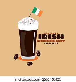 National Irish Coffee Day to celebrate on January 25th. A glass of coffee with cream topping, Irish flag, coffee beans and bold text on beige background. Drink event banner.