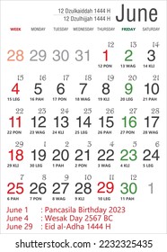 National, Islamic and Javanese Vector Adobe Illustrator Calendar, Indonesia in June 2023