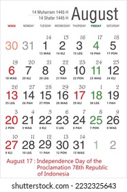 National, Islamic and Javanese Vector Adobe Illustrator Calendar, Indonesia in August 2023