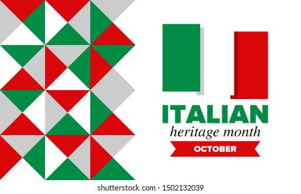 National Italian American Heritage Month. Happy holiday celebrate annual in October. Italy and United States flag. Culture month. Patriotic design. Poster, card, banner, template. Vector illustration