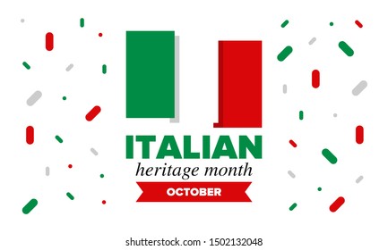 National Italian American Heritage Month. Happy holiday celebrate annual in October. Italy and United States flag. Culture month. Patriotic design. Poster, card, banner, template. Vector illustration