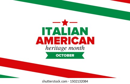 National Italian American Heritage Month. Happy holiday celebrate annual in October. Italy and United States flag. Culture month. Patriotic design. Poster, card, banner, template. Vector illustration