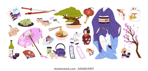 National items of Japan set. Traditional Japanese culture, asian elements: sakura, bonsai, oriental tea ceremony. Touristic souvenirs: kimono, maneki neko. Flat isolated vector illustrations on white