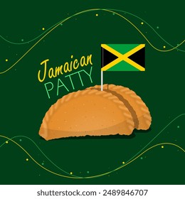 Anuncio de comida del evento del Día Nacional de la Fiesta Jamaicana. Plato de empanada jamaiquina con bandera jamaiquina en fondo verde oscuro para celebrar en agosto