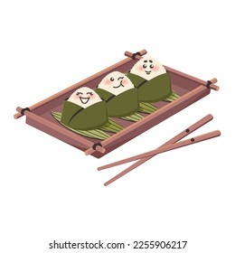 National Japanese dish. Cartoon happy onigiri. Asian food. Rice balls with nori, chopsticks. Doodle drawn vector illustration for menu, poster, flyer, banner, cooking concept 