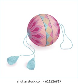 National Japanese embroidered Temari ball with a pattern of pink and blue. The ball of the princess. Vector illustration with imitation of hand embroidered and thread stitches.