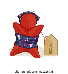National Japanese fabric doll Sarubobo red with a wooden sign. The inscription in Japanese means sarubobo. Japanese amulets, talismans, souvenirs. Vector illustration.