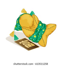 National Japanese fabric doll Sarubobo yellow with a paper sign. The inscription in Japanese means wealth. Japanese amulets, talismans, souvenirs. Vector illustration.
