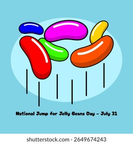 National Jump for Jelly Beans Day to celebrate on July 31st. Illustration of colorful jelly beans candy jumping up on sky blue background. Candy event banner.