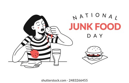 National Junk Food Day banner. A woman eats fast food with pleasure. Vector doodle illustration