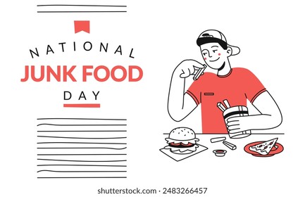 National Junk Food Day banner. A man eats fast food with pleasure. Vector doodle illustration