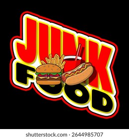 National Junk Food Day to celebrate on July 21st. Junk food and drinks such as hamburgers, hotdogs, french fries and soda drinks on colorful bold text isolated on black background. Food event banner.