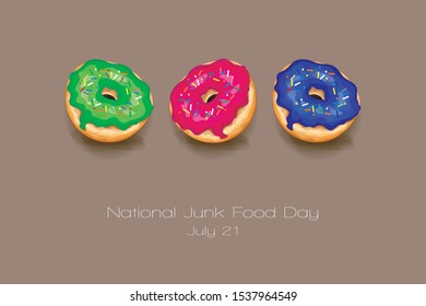National Junk Food Day. July 21. Donuts Hand drawn Vector card illustration on pink background