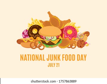 National Junk Food Day vector. Fast food pile of junk food vector. Pile of fried and sweet goodies vector. American delicacy meal icon. Junk Food Day Poster, July 21. Important day