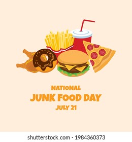National Junk Food Day vector. Pile of junk food icon vector. Group of fried and sweet food vector. Junk Food Day Poster, July 21. Important day
