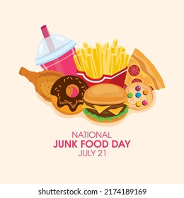 National Junk Food Day vector. Pile of junk food and drink icon vector. Group of fried and sweet food drawing. Every year on July 21. Important day