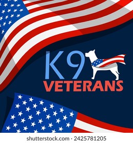 National K9 Veterans Day event banner. Icon of a dog wearing an American flag as wings, with bold text on dark blue background to commemorate March 13