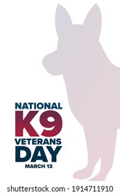 National K9 Veterans Day. March 13. Holiday concept. Template for background, banner, card, poster with text inscription. Vector EPS10 illustration