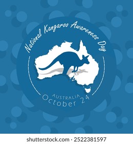 El Día Nacional de Concienciación sobre el Canguro se celebra el 24 de octubre en Australia. Ilustración de un canguro en un mapa de Australia sobre un fondo azul oscuro. Anuncio de evento animal