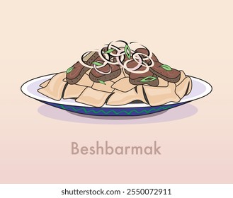 Culinária nacional do cazaque beshbarmak. Beshparmak é uma refeição de carne, cebola, kazy e massa. Ilustração vetorial.