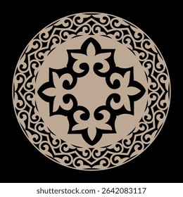 National Kazakh gold round ornament medallion. Vintage decorative element. Modern isolated Asian element. Islam, Arabic, Indian, ottoman motifs. For postcards, ceramics, porcelain, medallion, plate