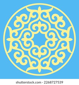 The national Kazakh ornament is blue and yellow.