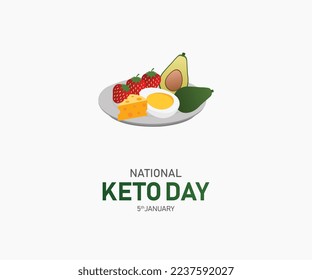 Día Nacional del Keto. 5 de enero. Banner, afiche, tarjeta e ilustración plana del Día Nacional del keto. de fondo. Alimentos buenos para el dibujo de la dieta cetogénica. Alimentos grasos saludables siguen siendo un vector de ícono de vida.