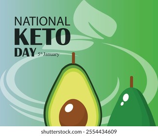 National Keto Day. 5 January. National keto day banner, poster, card and flat illustration. Foods good for the ketogenic diet drawing. Healthy fat foods still life icon vector.