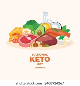 National Keto Day poster vector illustration. High fat, low carb diet vector. Healthy foods good for the ketogenic diet drawing. Meat, fat, vegetables, nuts, cheese vector. January 5 every year